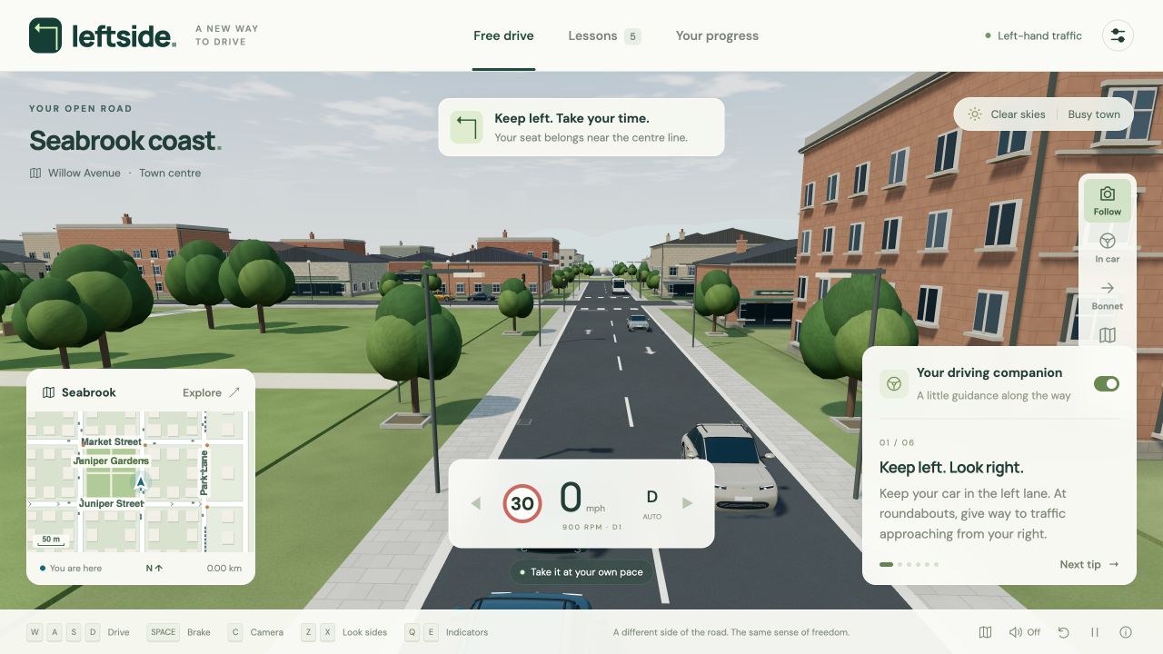 Leftside gameplay: a car in the left lane of Seabrook, with traffic, a live map and driving guidance.